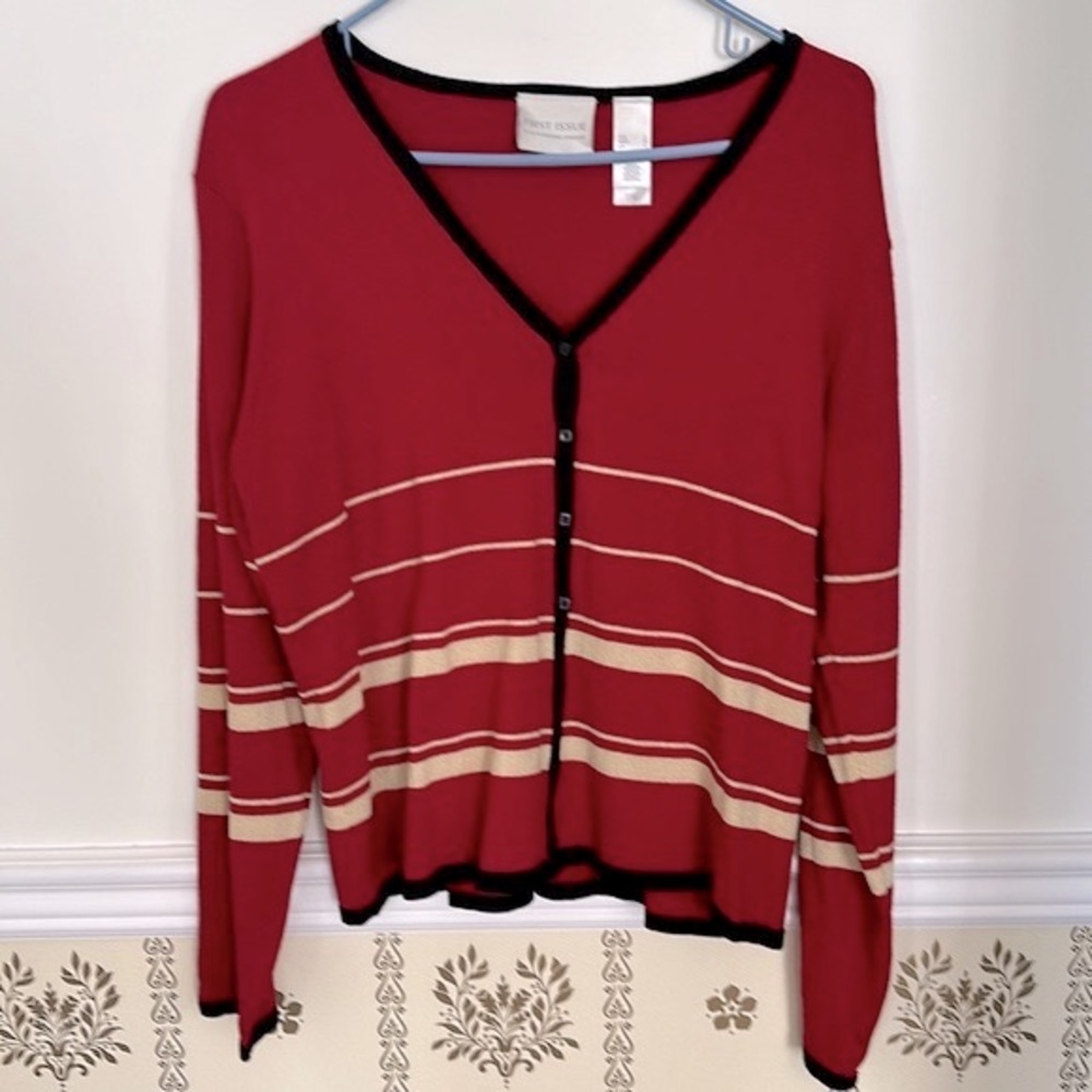 Vintage NWT First Issue Liz Claiborne Cardigan Red Striped L Button Front V-Neck